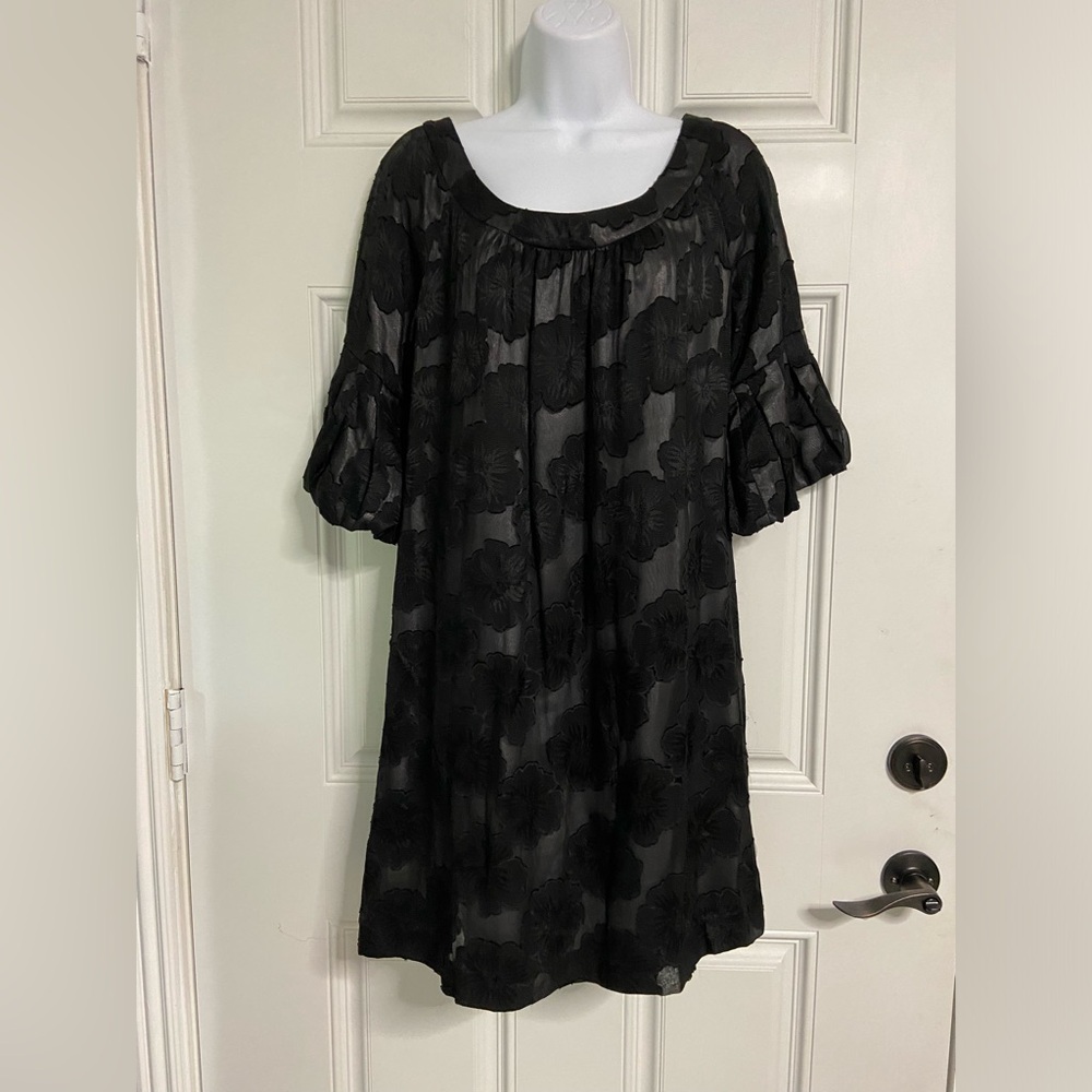 D1- ALI RO Black Floral SILK Lace Baby Doll Dress